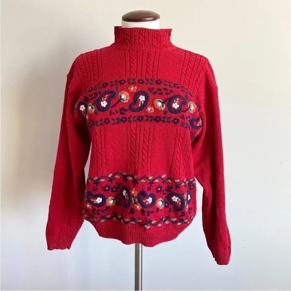 VINTAGE Talbots Women’s Size M Red Cable Knit Sweater Floral Embroidered - Picture 1 of 8